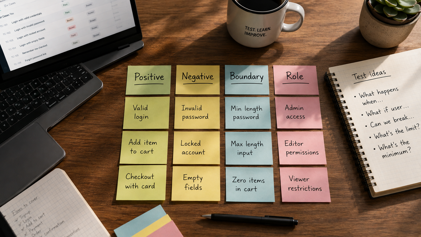 Sticky note grid labeled Positive, Negative, Boundary, and Role on a desk.