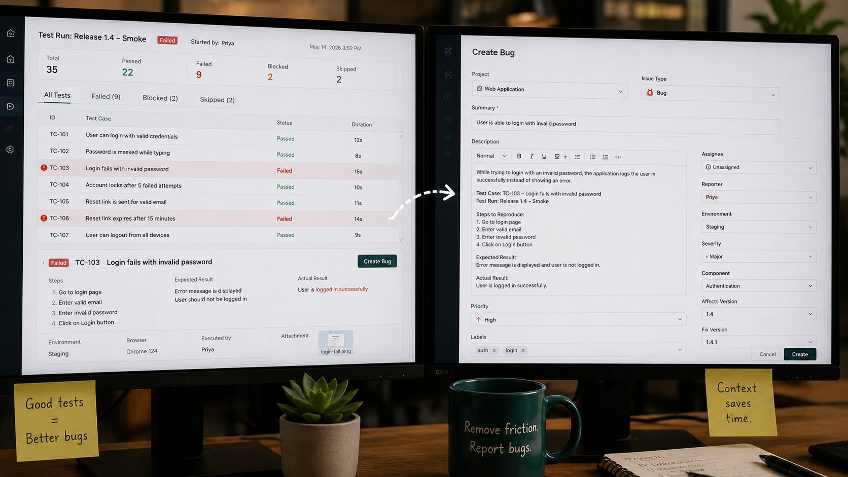 Split scene of a failed test result next to a partially filled bug ticket form.