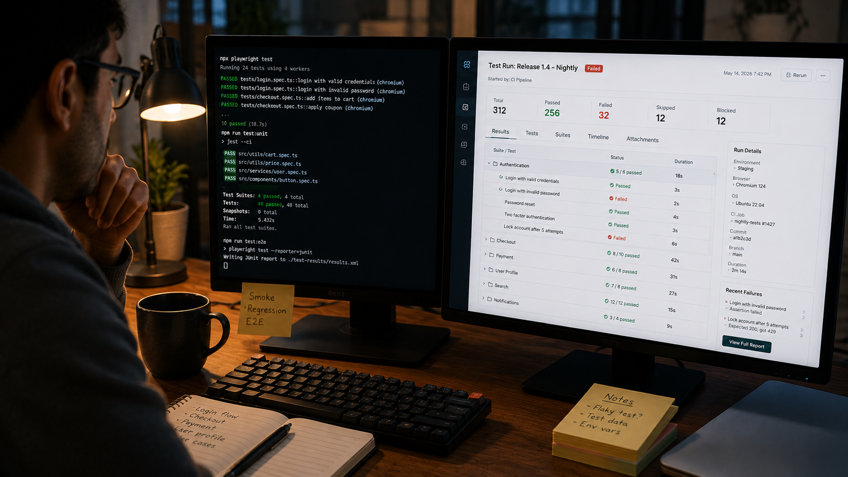 Developer desk with a terminal running tests and a second screen showing a test run summary.
