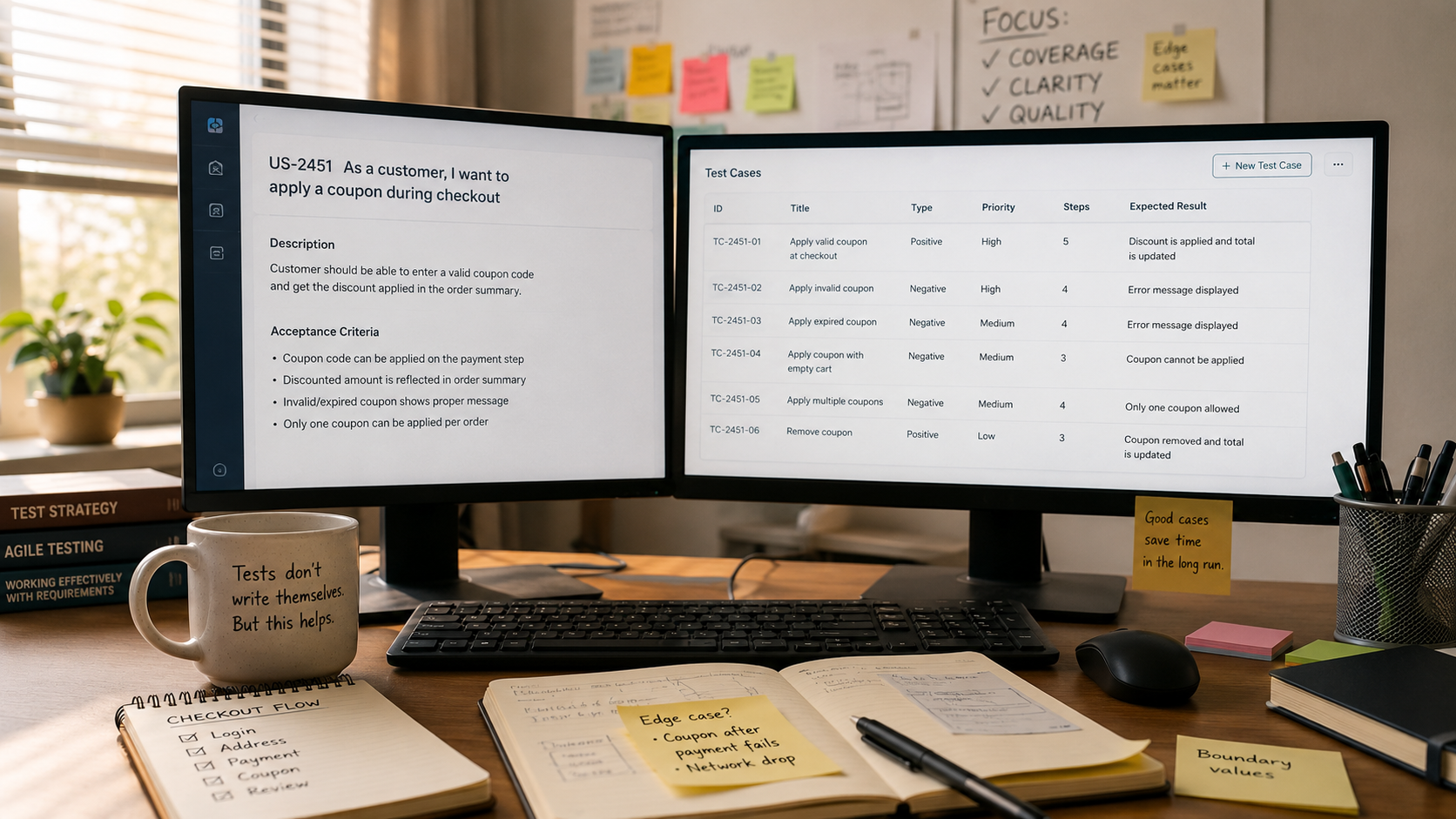 Desk with dual monitors showing a user story and a test case list