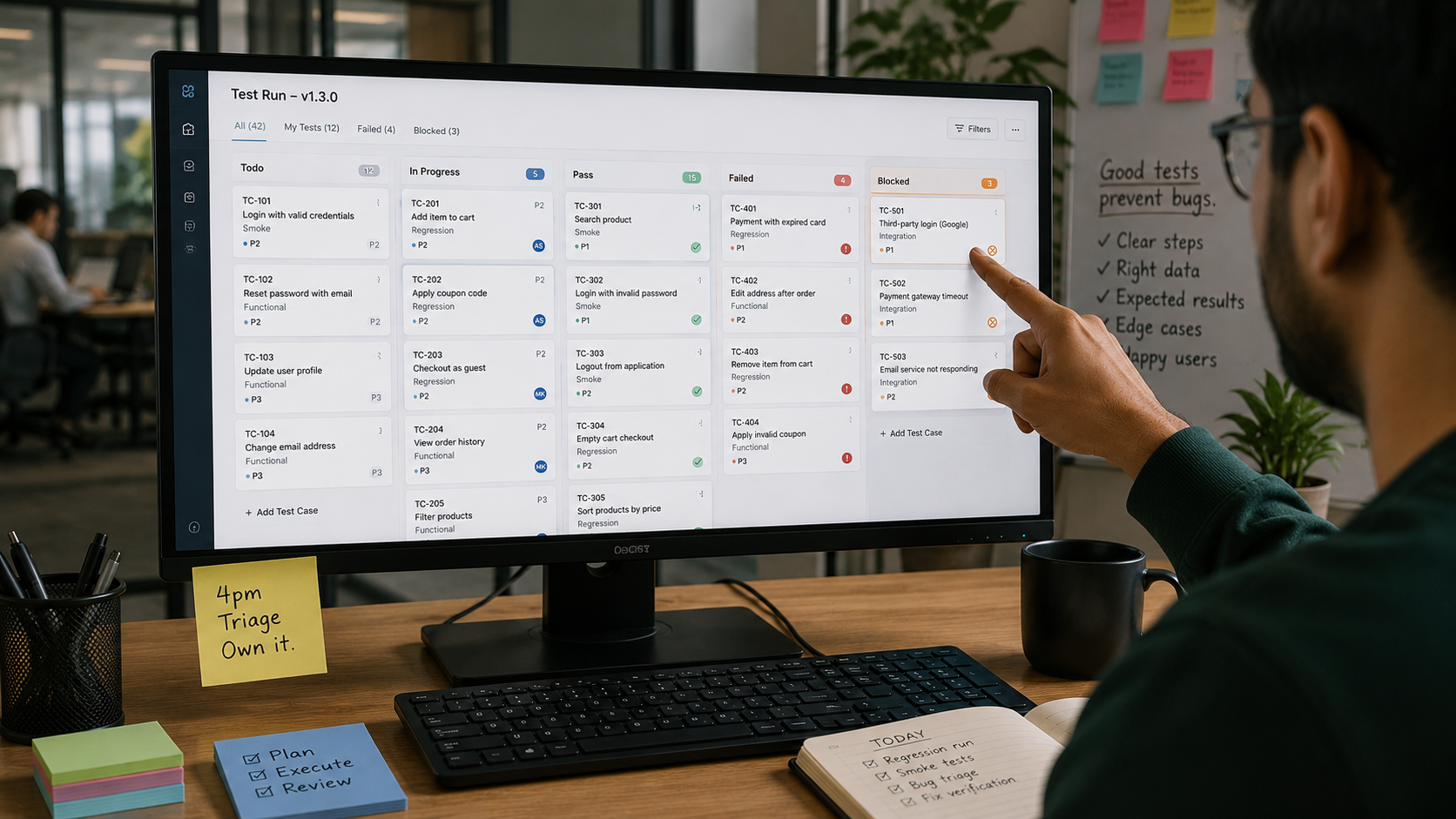 Kanban-like test run board with Todo, In Progress, Pass, Failed, and Blocked columns.